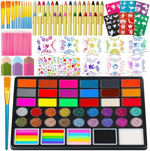41 Color Face Painting Kit for Beginners & Adults, Non-Toxic Water Activated Face Paint Palette with 28 Crayons, Reusable Stencils, Brush, Sponge, Gems - for Halloween, Birthday, Costume Makeup