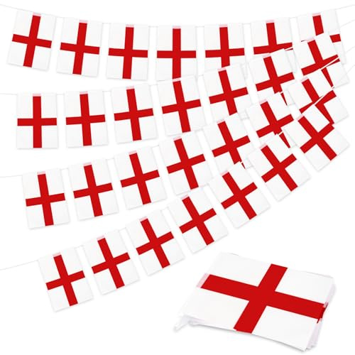 10 Metre English St George's Cross Bunting Banner with 30 Flags, 14 x 21 cm Rectangle England String Flags for St George's Day, Sports Football Events, National Celebrations, Street Wall Decorations