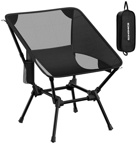 SONGMICS Silla de Camping con Respaldo Bajo, Silla de Exterior Plegable de Altura Ajustable, Marco de Acero, Carga de 150 kg, con 2 Bolsillos, para Viajes, Negro GCB050BZ01