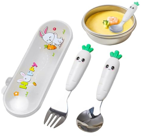 Djowyh Ensemble de Cuillères et Fourchettes pour Enfant | Kit d'Ustensiles en Métal pour Bébé avec Boîte de Rangement pour Manger,Set De Vaisselle Pour Repas Combinant Fourchette Et Cuillère Pour