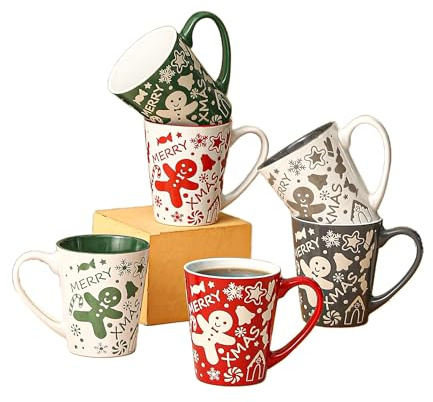 simpa 6PC Christmas Gingerbread Man Stoneware Mug Set. Volume 350ml. Dishwasher & Microwave Safe.
