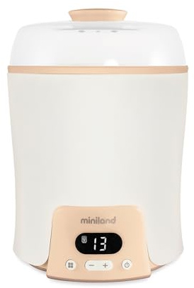 Miniland Super 6, wärmt bis zu 6 Fläschchen, sterilisiert Babyflaschen und Gläser, Dampfgaren, Auftauen, Kochen, hält die Temperatur, 6-in-1 (Beige)