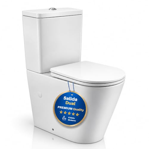 Inodoro Completo Rimless con Salida Dual Horizontal y Vertical | WC Inodoro Completo de Cerámica Blanca, Tapa UF Soft Close, Retrete Moderno para Baño, Sanitarios WC Compactos