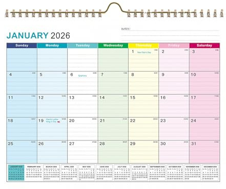 ETUCYNG Calendrier mural 2026 – Papier épais avec notes de vacances – Calendrier mural de bureau sur 18 mois – Pour planification scolaire – Pour Noël, Nouvel An, maison, bureau, école, salle de