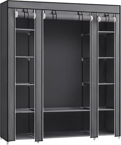 59 inches Wide Large Canvas Wardrobe, Foldable Closet Organizer with 12 Shelves and Hanging Rod, Fabric Clothing Storage for Bedroom, Clothes Organizer with Water Resistant Cover - Grey