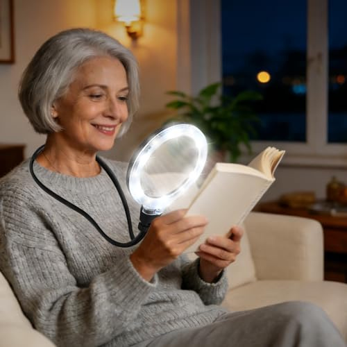 HUIBOER 10X Hands Free Magnifying Glass with Light, Rechargeable 1200mAh, 12 LED Lights, 6 Light Modes, Neck Wear Magnifier for Reading, Crafts, Sewing, Low Vision Seniors