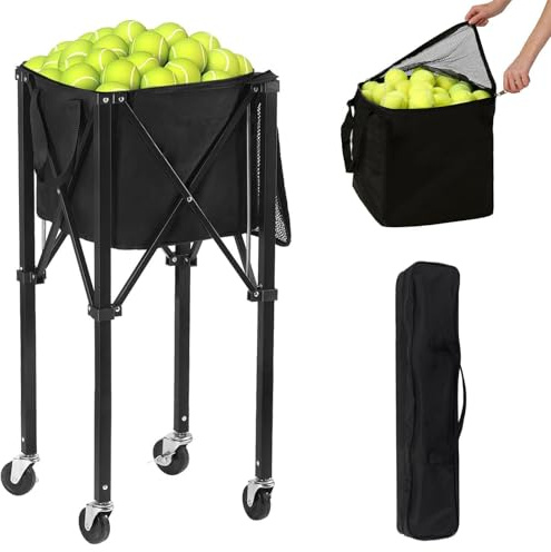 Tolva de Tenis Portátil, Carrito de Canasta Plegable con Ruedas Universales de 360°, Capacidad para 150 Pelotas de Tenis, Compacto y Liviano para Entrenamiento de Jugadores