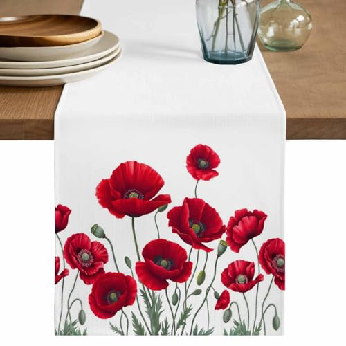 Flowers Table Runner 36 Inches Long Red Opium Poppy Flowers Vintage Summer Coffee Table Runner Retro Rustic Style Kitchen Dining Table Decoration for Indoor Outdoor Home Party Holiday 13 x 36 Inch