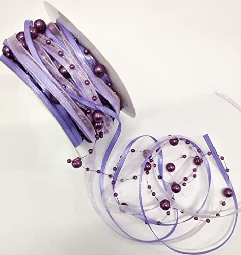 CaPiSo 15m Schleifenband mit Organza und 3 und 8 mm Perlen Perlenband Geschenkband Trendyband Perlen am Band (Flieder)