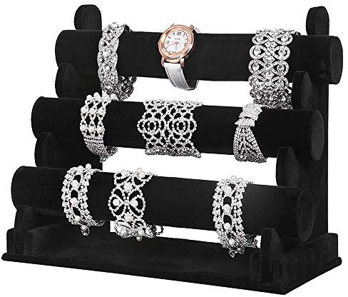 BUZIFU Organizador de Pulseras 3 Niveles Soporte Relojes Expositor de Joyas Soporte de Exhibición de Terciopelo Organizador de Coleteros Exhibidor de Pulseras Negro Organizador de Joyas (30*17,5*25cm)