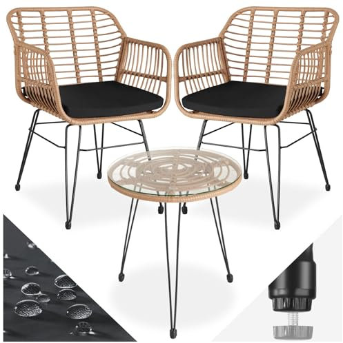 tectake® Outdoor Rattan Sitzgruppe, Möbel für 2 Personen, 3-TLG. Bistroset, Balkonmöbel, Gartenmöbel Set mit 2X Stühle + Tisch, kleine Lounge wetterfest für Garten Balkon Terrasse -Natur