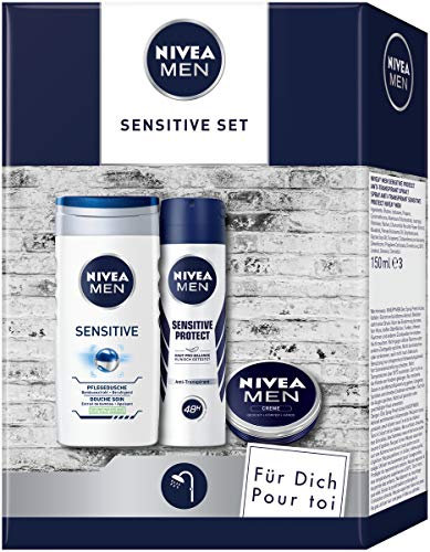 NIVEA MEN Sensitive Kit de soins pour homme avec douche de soin, crème anti-transpirante et crème de soin de la peau, coffret cadeau pour homme soigné