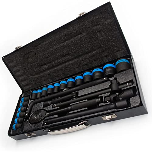UNDERGROUND PARTS 24 piece 1/2 Black Socket Set Ratchet Wrench Sockets with Metal Carry Case Box