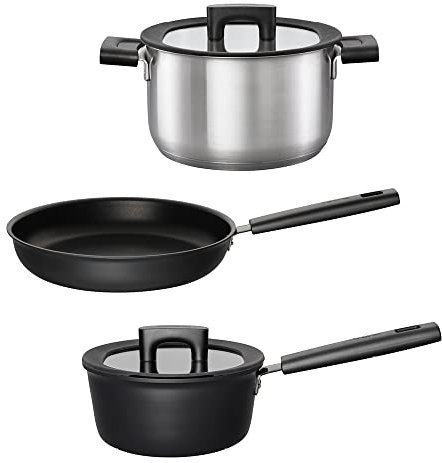 Fiskars Juego de batería de cocina, Sartén (Ø 28 cm), Cacerola con tapa (1,8 litros), Cazuela con tapa (3,5 litros), Aluminio o acero inoxidable/plástico, Para todas las cocinas, Hard Face, 1057942