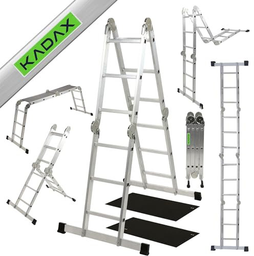 KADAX Scala multiuso in alluminio, 12 gradini, scala pieghevole fino a 150 kg, scala multifunzione con piattaforma, scala articolata per casa e giardino