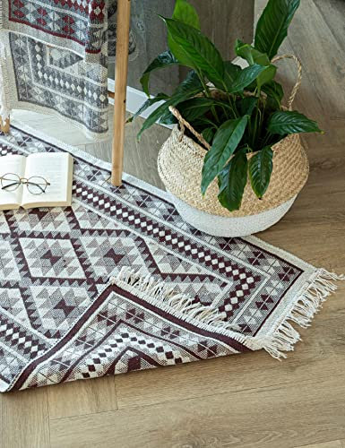 e-floor Teppich für Wohnzimmer Baumwolleteppich | Gewebt | Doppelseitiges Muster | Boho Kelim Teppiche | Teppichläufer | Küchenteppich | Schlafzimmer | Rahmen Braun |70x140 cm