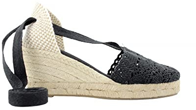 ALPARGATUS Espadrillas all'uncinetto con zeppa a 5 corde e chiusura a nastro (fatto a mano in Spagna), Nero , 35 EU