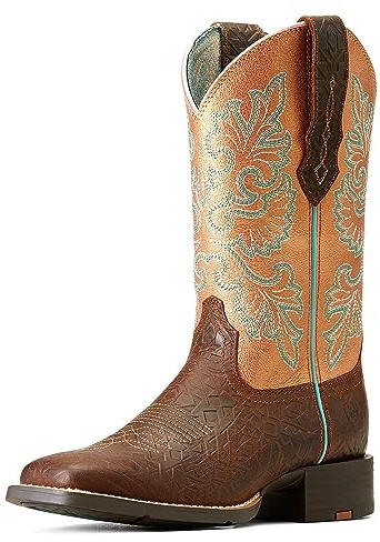 ARIAT Women's Round Up Wide Square Toe StretchFit Western Boot - Toasted Blanket Emboss/Copper Glow, 8.5 Narrow