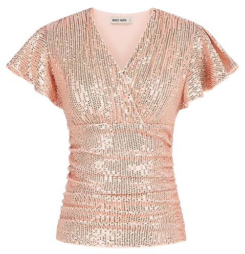 Damen Party Bluse Oberteil mit Pailletten Vintage V-Ausschnitt Shirt Kurze Ärmel Plissierte Top Glitzer