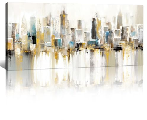 Marco de Madera Oro Azul Gris Edificios Abstracto Grande Cuadros Decoracion Salon Modernos Pintura Lienzos decorativos Cuadros Decorativos Salón Dormitorio Comedor Oficina Listo para colgar 120x50cm