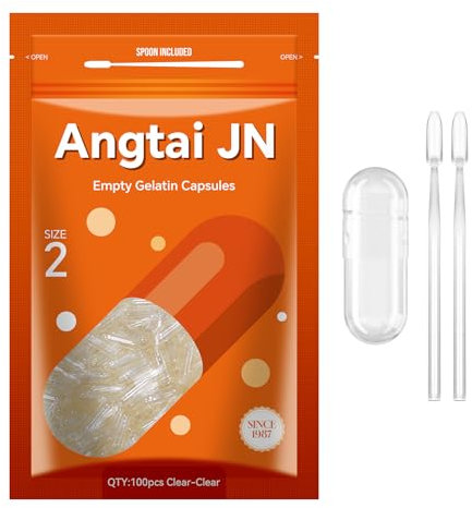 AngtaiJN Capsule Gelatina Vuote 2-Capsule Vuote Trasparenti da Riempire con 2 Microcucchiai, Capsula di Gelatina 2 Fai Da Te Compatibile con il Riempitore di Capsule Misura 2, 100 pezzi