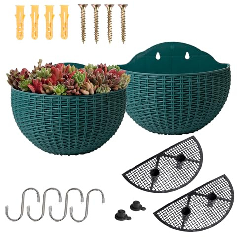 YuanDiann Wandmontage Blumentopf Halbrunder Rattanimitat Hängender Blumenkorb Balkon Innen Außen Garten Deko Pflanzgefäß Blumenampel Selbstbewässerung mit Wasserspeicher Dunkelgrün 2 Pack L