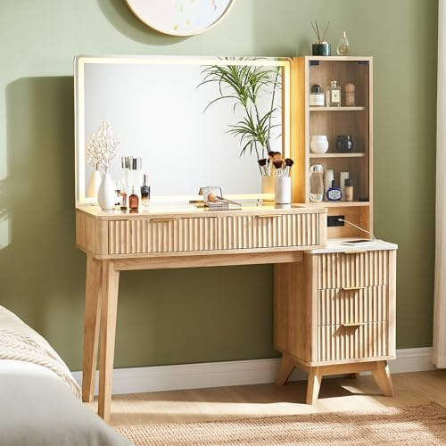 T4TREAM Meuble de maquillage cannelé de 122 cm avec grand miroir et lumières de 91,4 cm, dessus en verre moderne avec 5 tiroirs et étagères réglables, coiffeuse avec station de charge pour chambre à