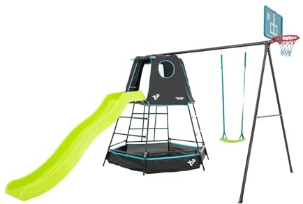 TP Toys Metallspielplatz Explorer Black Edition – Turm 246 cm mit Rutsche, Portal, Schaukel, Basketballkorb, Bällebad – Outdoor – ab 3 Jahren – verzinkt