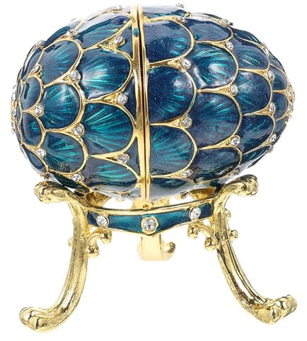 SAFIGLE Rhinestone Egg Jewelry Box and Ring Holder, Enameled Blue Alloy Trinket Box for Desk and Home Decor, Small Decorative Egg Figure for Jewelry Storage and Office Ornament