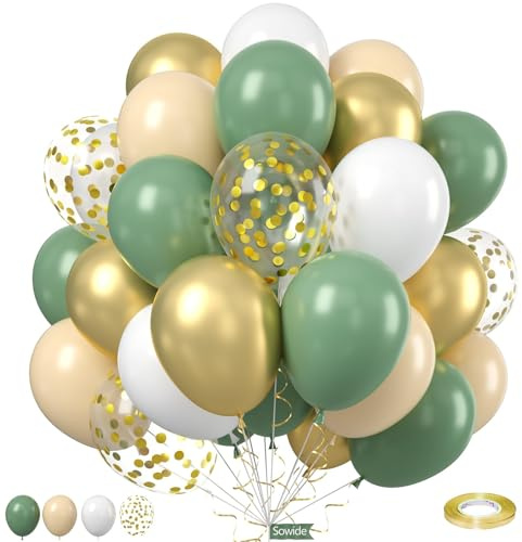 Sage Green Gold Balloons, 50Pcs 12 Inches Dusty Green White Metallic Gold Confetti Balloons for Engagement Anniversary Bridal Wedding Baby Shower Graduation Birthday Party Decorations