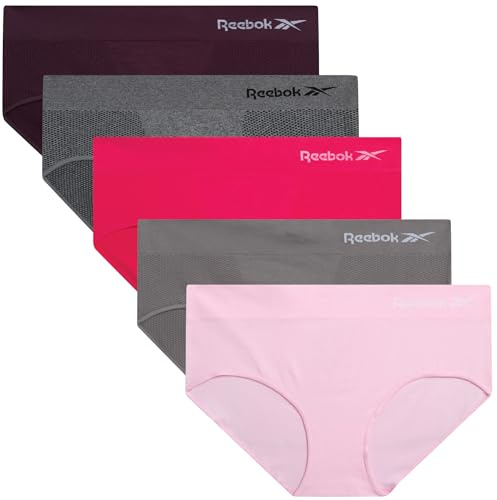 Reebok Mutandine hipster da donna, confezione da 5 biancheria intima elasticizzata senza cuciture con cintura rilassata senza etichette (S-XL), Grigio mélange/Rosa Lady/Sharkskin/Lampone/Prugna
