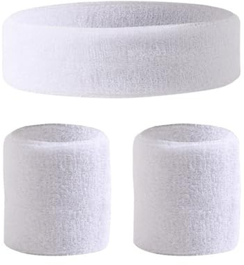 HoAhaMay 3 pièces Bandeau de Sport et Ensemble de Poignet de Sport, Poignet Absorbant avec Bandeau Anti - Transpiration pour Hommes Femmes Tennis Basketball Running Gym Sport Bracelet(Blanc)