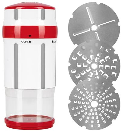 Genius Gewürzmühle Nicer Dicer Maestro mit 3 Klingen 6 tlg., Käsereibe, Muskatnuss Mühle, Parmesanreibe mit Behälter und Deckel, Käsehobel, Knoblauchreibe, Küche Reibe Grinder mit Aufbewahrung, Rot