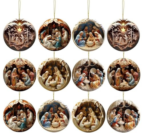 Adornos De Nacimiento Belen Navidad, Juego De 12 Piezas De Belén De Madera, Decoracion Navidad De 3*3 Pulgadas, Adornos De Madera De Pascua, Adornos Navidad Para árbol De Navidad, Pared, Ventana
