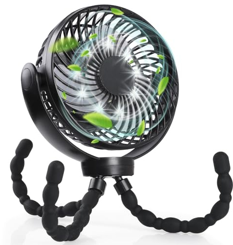 Hianjoo LED Ventilator mit 10000mAh Akku - 360° Drehbarer Kleiner Tischventilator für Camping, Zelte, Hause, Büro - Schwarz