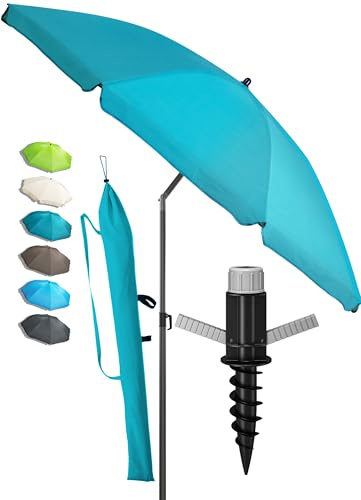 Menz Sonnenschirm Strand in Türkis - Komplettes 3er-Set inkl. robustem Sonnenschirm + solider Bodenhülse + langlebiger Schutzhülle, Strandschirm windfest stabil, Strandschirm mit UV50+ Schutz