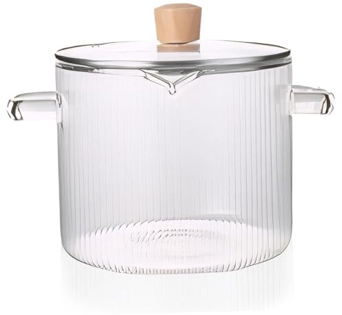 Glass Cooking Pot with Lid, 2.3L/78 Oz Heat Resistant Borosilicate Glass Ribbed Pot with Handles, Clear Cookware Simmer Safe for Soup, Milk, Baby Food &