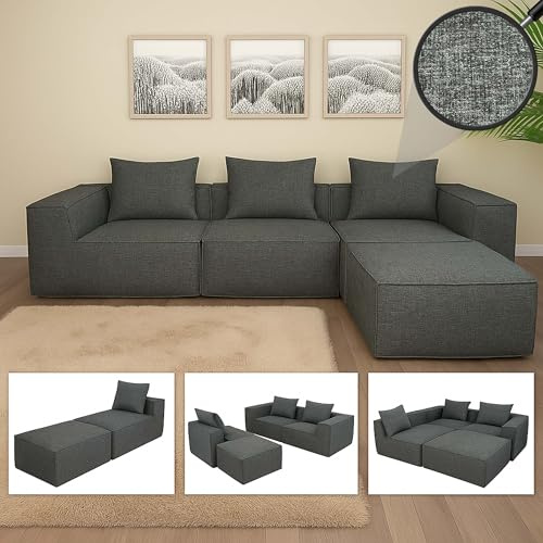 Mendler L-Sofa HWC-O54 mit Ottomane, Stoff/Textil 63x270x190cm - dunkelgrau