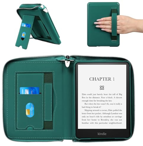 E NET-CASE Hülle für 7 Zoll Kindle Paperwhite 12th Gen 2024 und Kindle Colorsoft 2024/2025, Folder-Design, Business-Handheld-Design-Hülle mit Reißverschluss und Stifthalterung,Grün