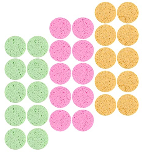 CALLARON 30 st Makeup Sponge Rund Ansiktssvamp för Rengöring och Exfoliering Diameter Tjocklek Gula Rosa och Gröna Svampar för Djuprengöring Hudporer