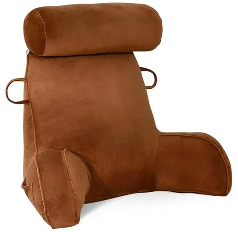 Homesally Komfortables Lesekissen Rückenkissen,Bettruhe Kissen Mit Armlehne,mit Nackenkissen und Einstecktasche,für Lesen,Arbeiten,und Spielen auf dem Bett ​Couch,Braun