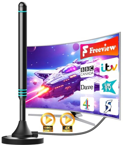 Indoor TV Aerial 2025 – Long Range Freeview HD Digital Antenna for Local Channels, Magnetic Base & 5m Coax Cable, Supports 4K/1080P, Easy Setup for Smart & Older TVs, Free Local UK Channels