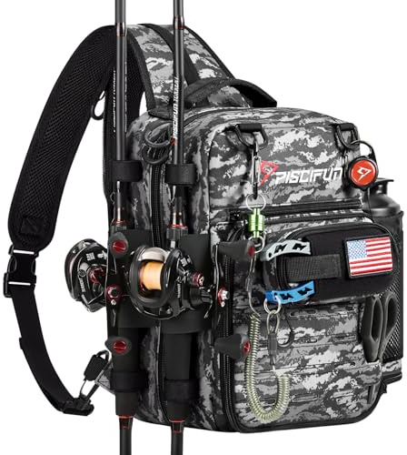 Piscifun Fishing Tackle Backpack, Convertible Sling or Waist Pack, Fishing Gear Bag with 16 Storage Pockets, Fits 3600/3700 Tackle Boxes, 2 Rod Holders & Rain Cover for Bass Kayak Fishing, Black Camo