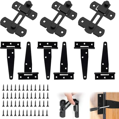 6x Schwarze T Türscharniere und 3x Schiebetür Riegel – Rostbeständig, Schwerlast T Scharniere für Gartentore, Holztüren & Schiebetüren