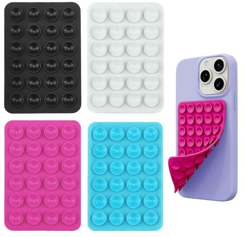 GNALIA Lot De 4 Coques Ventouse Pour Téléphone - Support Arrière À Picots - Noir, Blanc, Rose Fuchsia, Bleu - Mains Libres Selfies