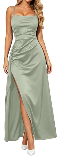 JYGNPC Vestido Invitada Boda De Satén Vestidos De Fiesta Mujer Elegantes Largo Vestidos Sin Espalda Bodycon Graduacion Vestido Fiesta con Volantes, Abertura, para Bodas Y Eventos Formales