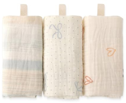 Muselinas Bebe Algodon 3pcs, 25.5x27.5cm Toalla Bebe Recien Nacido, Gasas para Bebes de Algodón Suave y Transpirable, Paños de Muselina Multiusos para Lactancia y Limpieza Facial