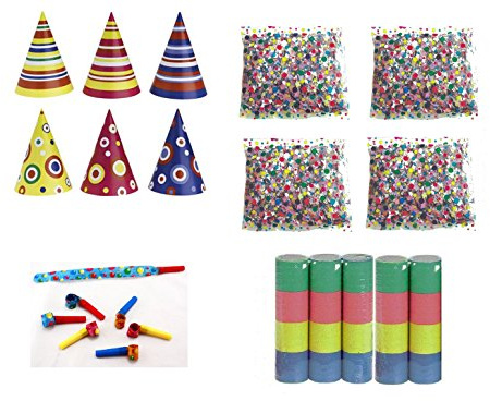 IRPot - 4 CORIANDOLI + 4 Stelle FILANTI Carta + 10 Cappellini + 10 TROMBETTE Carnevale