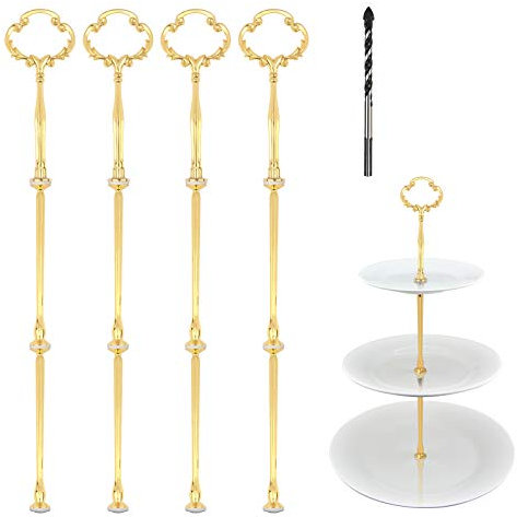 Support à Gâteau présentoir à gâteaux, ZoomSky 4 Pcs 3 Étages Poignée Support d'assiettes en Métal Présentoir Dessert Or Motifs de Fleurs pour Mariage Anniversaire Fête