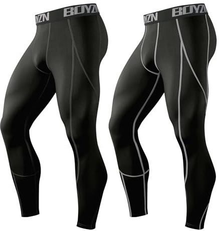 Boyzn 2-pack kompressionsbyxor herr, sport leggings andas fitness tights funktionella underkläder byxor långa för löpning vandring cykling, 2-pack svart/svart (grå ränder), M